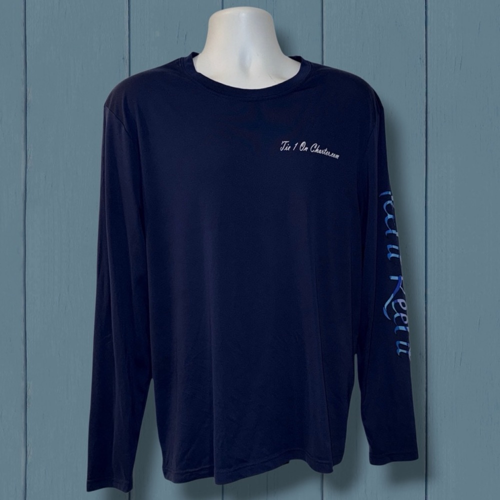 Men’s Long Sleeve Fishing Shirt – Tie 1 On Charters – UPF Graphic Fish Navy (L)